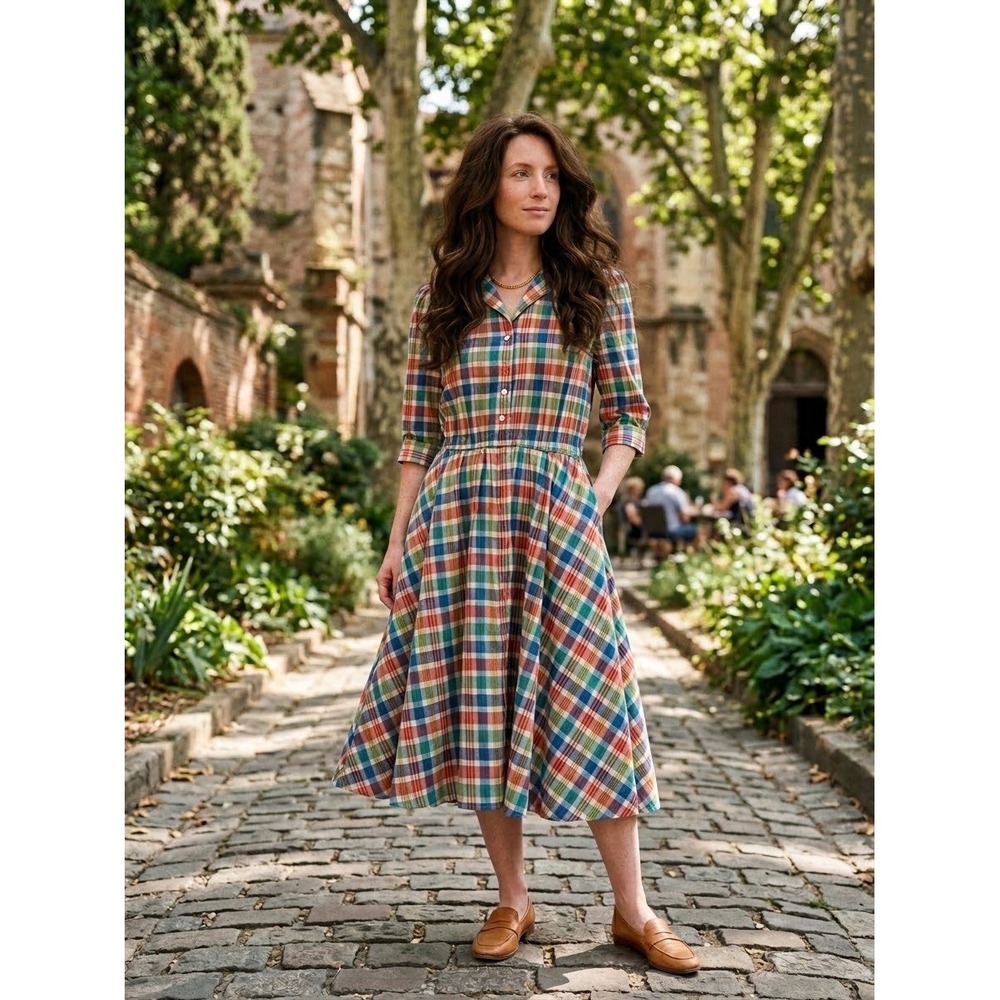 VTG 80s Easton Park Rainbow Plaid Shirt Dress Cottagecore Prairie Po
